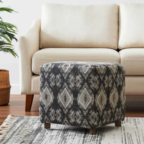 HomeRoots 19" Gray Cotton Cube Ottoman with Brown Wood Base – Versatile Footrest, Seat & Table for Any Room 394246