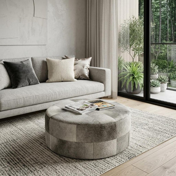 36 Inch Round Wool Blend Footstool with Plush Upholstery for Living Room Seating