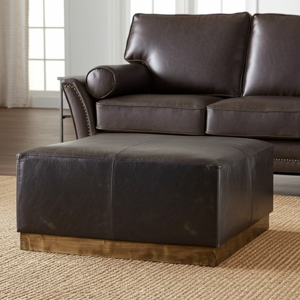 HomeRoots 36" Black Faux Leather Footstool with Brown Metal Base – Stylish, Multi-Functional Modern Accent Piece 394250