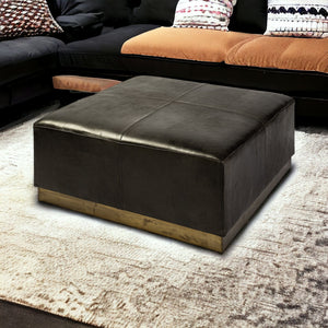 Homeroots 36" Black Faux Leather And Brown Footstool Ottoman   394250