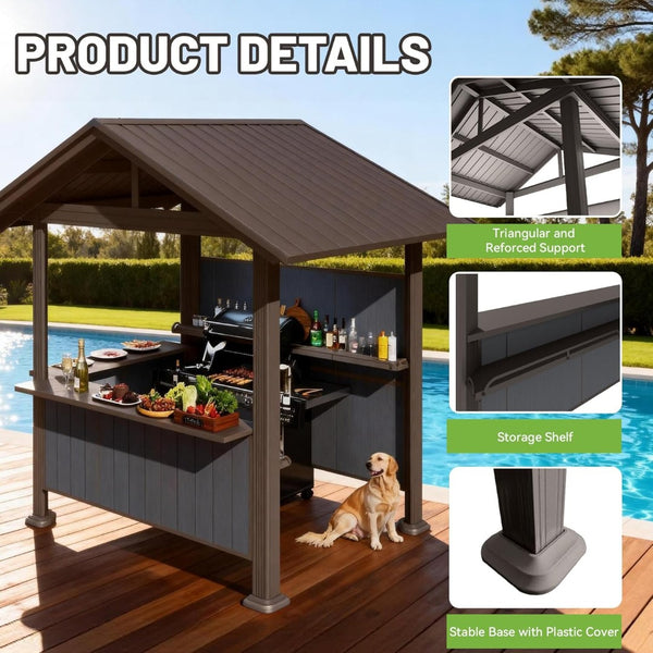English Elm 9.4x6.2 Ft Hardtop Grill Gazebo Galvanized Steel Gable Roof with Shelves Patio Backyard Brown W1859S00209