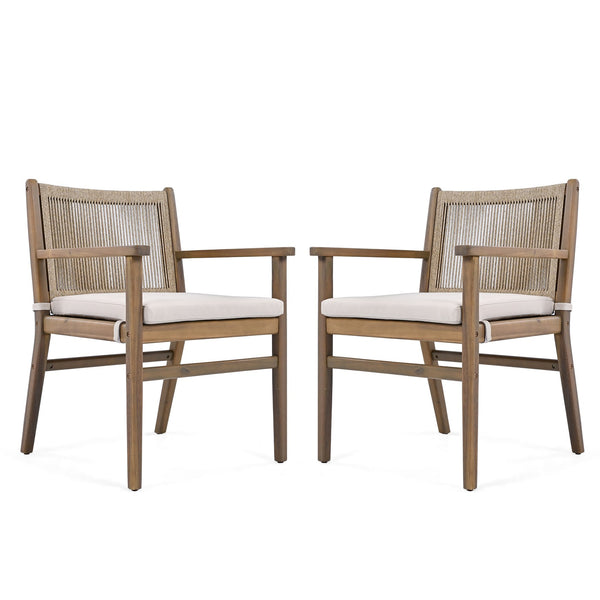 English Elm Christopher Knight Home® - Outdoor Acacia Wood Dining Chairs Set of 2 with Woven Rope Back, Waterproof Cushions, 400lb Capacity Light Brown N779P224995B