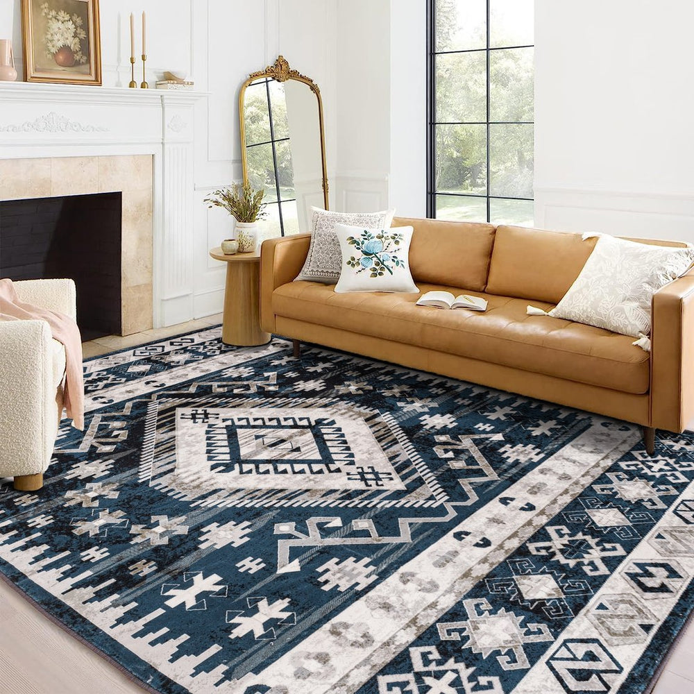 English Elm Area Rug 6X9 Vintage Bohemian Persian Geometric Design In Blue/Black - Non-Slip & Washable! W2907P265132