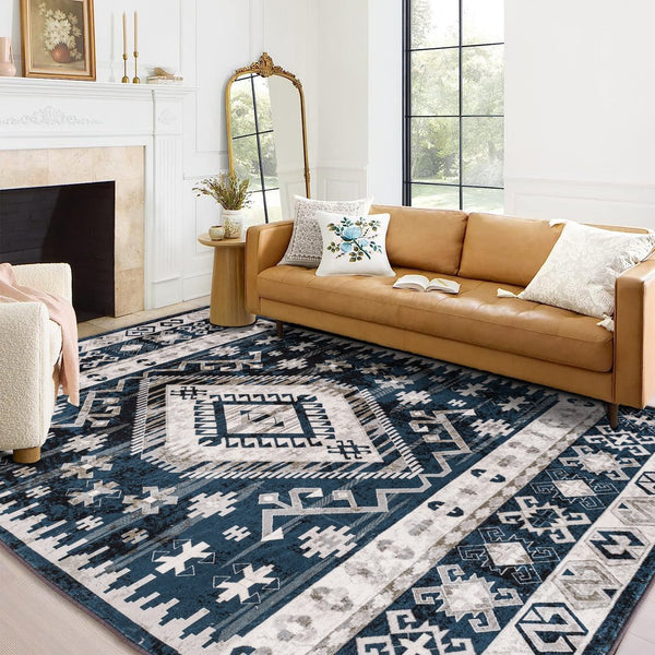 English Elm Area Rug 6X9 Vintage Bohemian Persian Geometric Design In Blue/Black - Non-Slip & Washable! W2907P265132