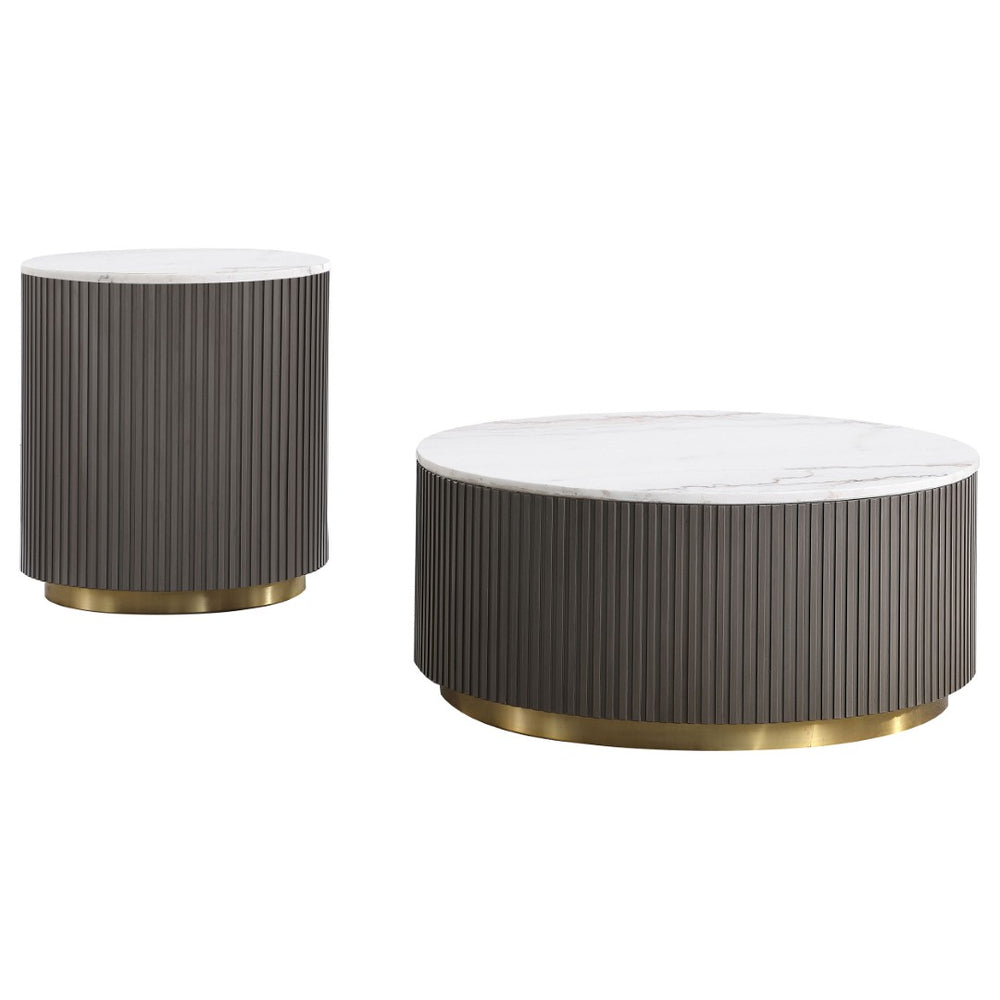 English Elm Sennewald Genuine Marble and Brushed Gold Round Coffee Table Set for Living Room B062S01567