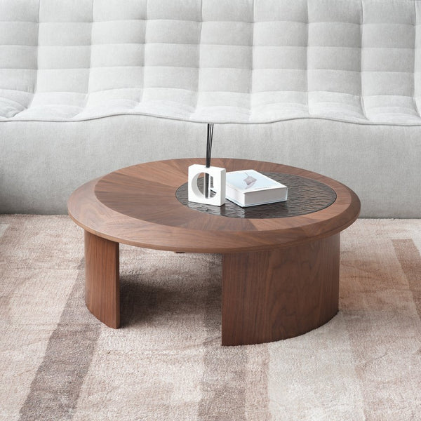 English Elm Tavola Modern Round Coffee Table Set with Walnut Veneer & Ripple Glass—Sturdy Two-Piece, Scratch-Resistant B341P321122