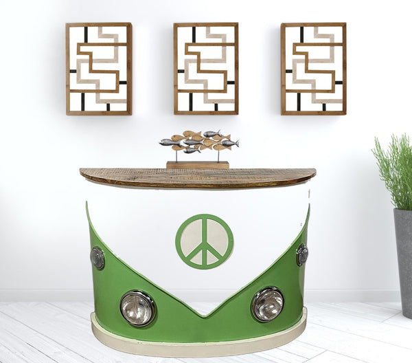 HomeRoots 60" Retro Green and White Peace Van Bar Server - Unique Vintage Style with Ample Storage and Charm 394457