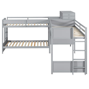 English Elm Twin L-shaped Bunk Bed Pine Wood Corner Design with Desk Drawers and Usb Charging Gray N820S00079E