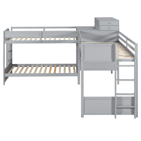 English Elm Twin L-shaped Bunk Bed Pine Wood Corner Design with Desk Drawers and Usb Charging Gray N820S00079E