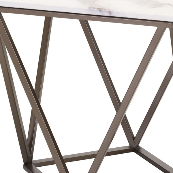 Homeroots 22" Antique Brass And White Stone Rectangular End Table   394557