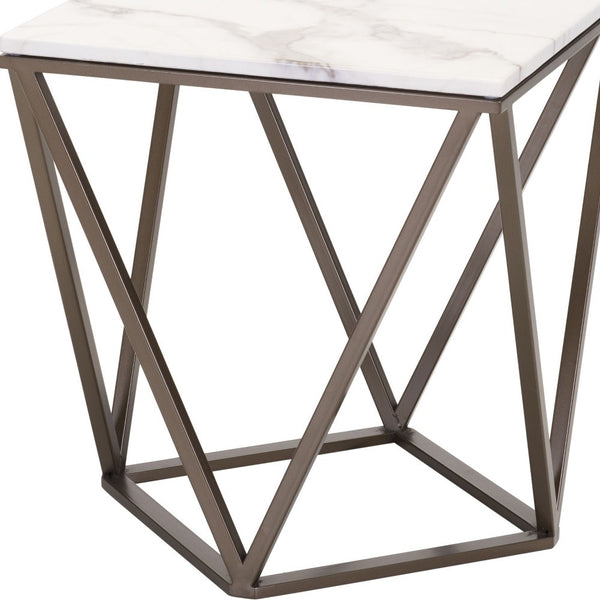 Homeroots 22" Antique Brass And White Stone Rectangular End Table   394557