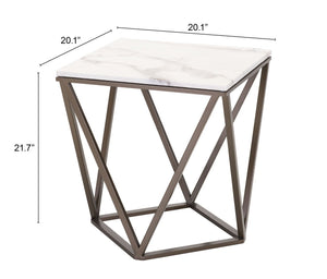Homeroots 22" Antique Brass And White Stone Rectangular End Table   394557
