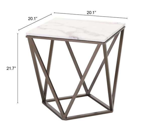 Homeroots 22" Antique Brass And White Stone Rectangular End Table   394557