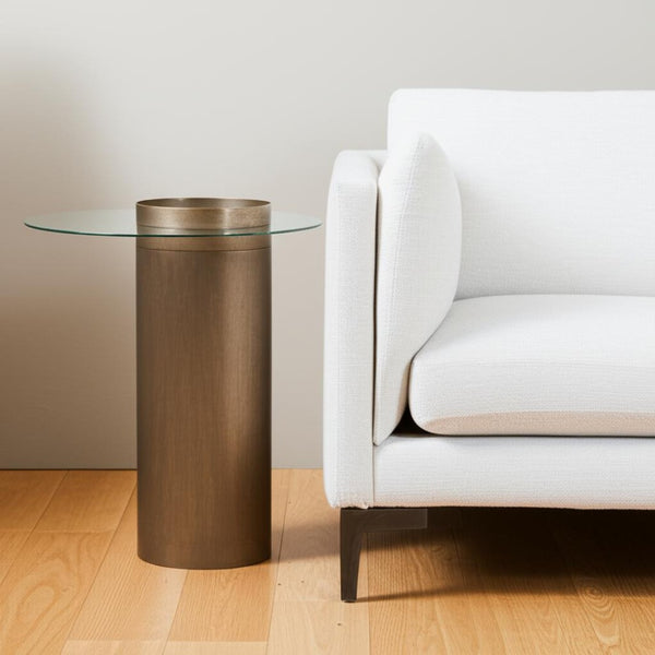HomeRoots Contemporary Antique Gold End Table – Modern Vintage Design with Glass Top & Integrated Storage Tray 394560
