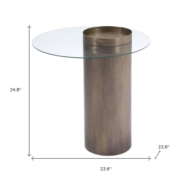 HomeRoots Contemporary Antique Gold End Table – Modern Vintage Design with Glass Top & Integrated Storage Tray 394560