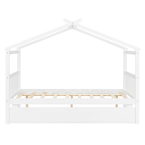 English Elm Full Size House Bed Solid Pinewood Frame with Pull Out Twin Trundle for Kids White LP000305AAK-1