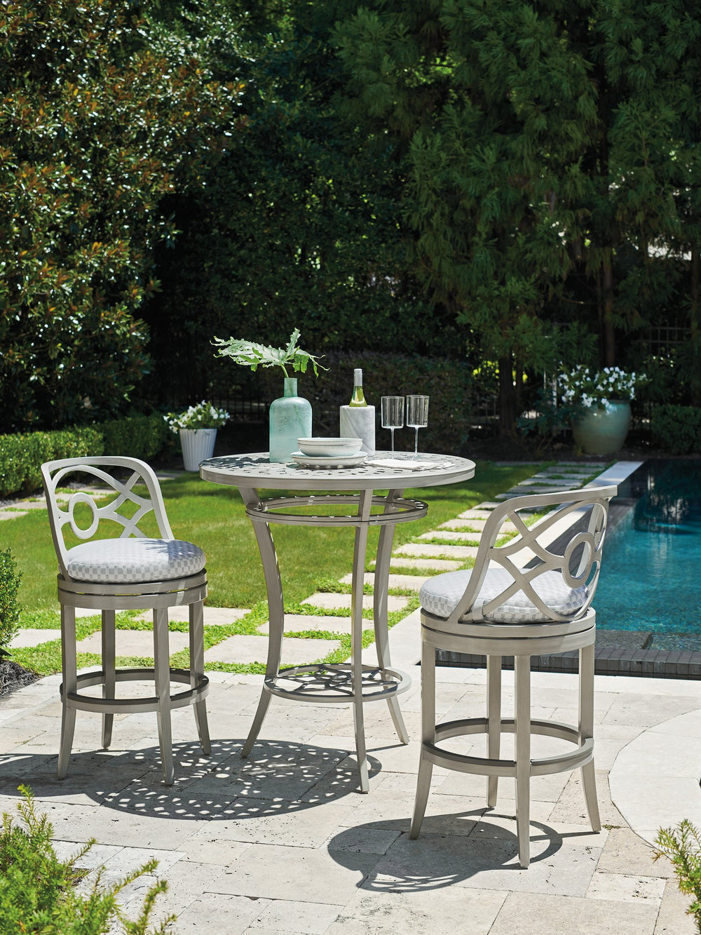 Lexington Tommy Bahama Outdoor 3945-873 Elegant High/Low Bistro Table For Outdoor Dining – Stylish Aluminum With Artisan Finish Gray  3945-873