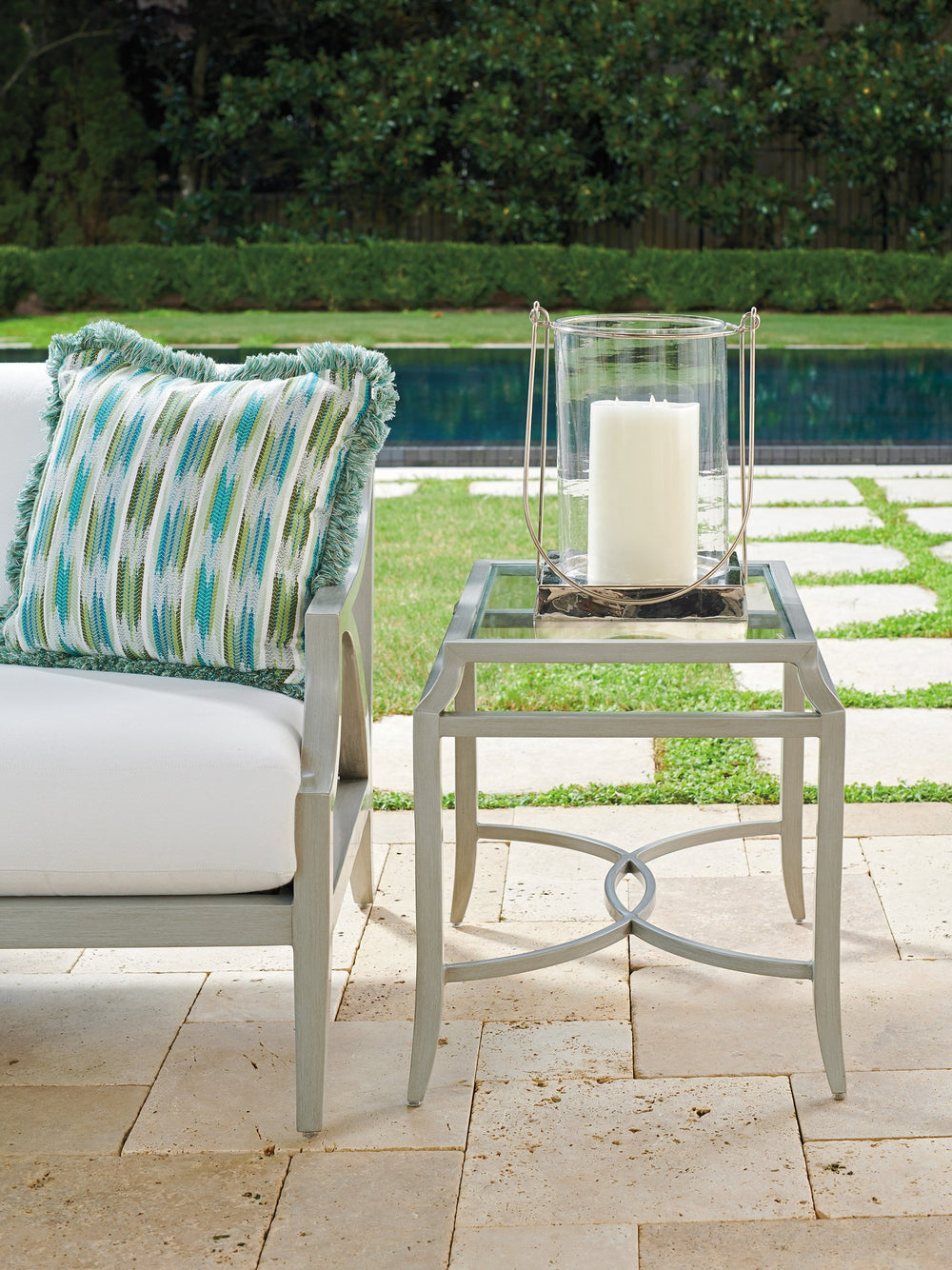 Lexington Tommy Bahama Outdoor 3945-955 Elegant Rectangular End Table With Tiered Glass Top For Stylish Outdoor Living Spaces Gray  3945-955