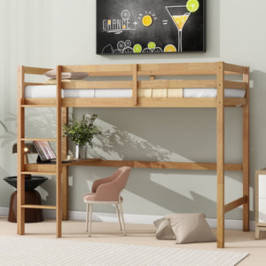 English Elm Twin High Loft Bed with Built-In Desk and Ladder — Space-Saving Rubberwood Study & Sleep Solution White Oak W504P206980