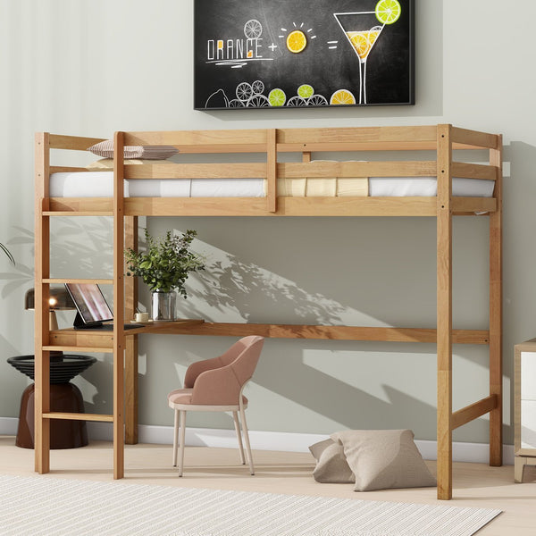 English Elm Twin High Loft Bed with Built-In Desk and Ladder — Space-Saving Rubberwood Study & Sleep Solution White Oak W504P206980