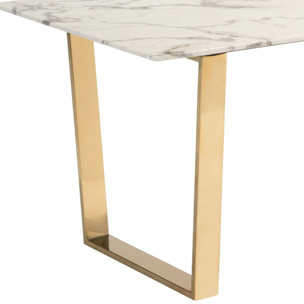 Homeroots 71" White And Gold Faux Marble And Steel Sled Base Dining Table   394605