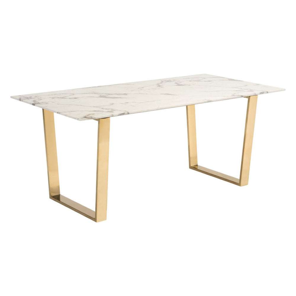HomeRoots 71" White Faux Marble Dining Table with Gold Steel Sled Base – Modern Elegance for Any Space 394605