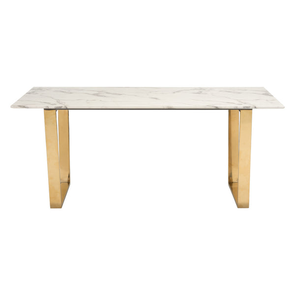 Homeroots 71" White And Gold Faux Marble And Steel Sled Base Dining Table   394605
