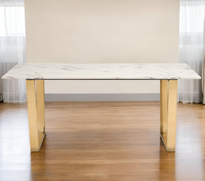 Homeroots 71" White And Gold Faux Marble And Steel Sled Base Dining Table   394605