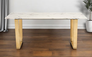 HomeRoots 71" White Faux Marble Dining Table with Gold Steel Sled Base – Modern Elegance for Any Space 394605