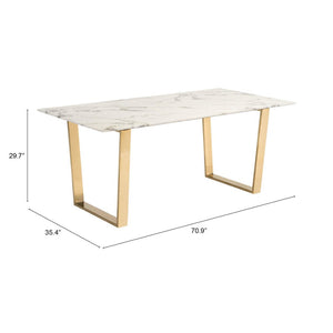 HomeRoots 71" White Faux Marble Dining Table with Gold Steel Sled Base – Modern Elegance for Any Space 394605