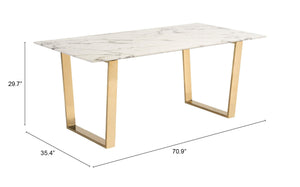 Homeroots 71" White And Gold Faux Marble And Steel Sled Base Dining Table   394605