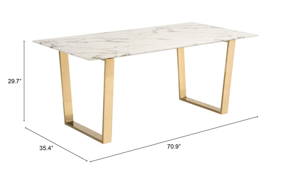 Homeroots 71" White And Gold Faux Marble And Steel Sled Base Dining Table   394605