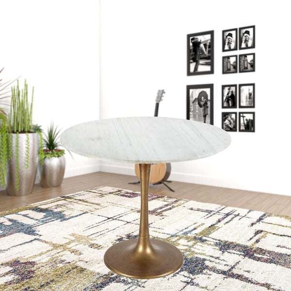 Homeroots 36" Modern White Marble And Burnished Gold Pedestal Bistro Table   394606
