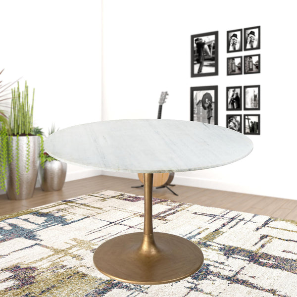 Homeroots 47" White And Gold Rounded Steel Pedestal Base Dining Table   394609