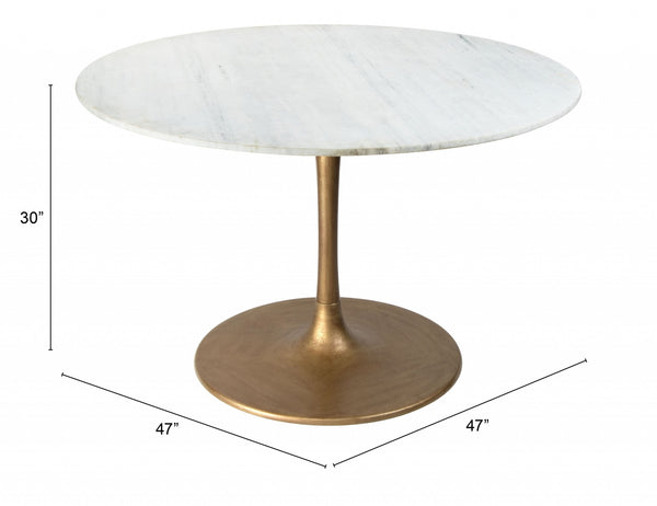 Homeroots 47" White And Gold Rounded Steel Pedestal Base Dining Table   394609