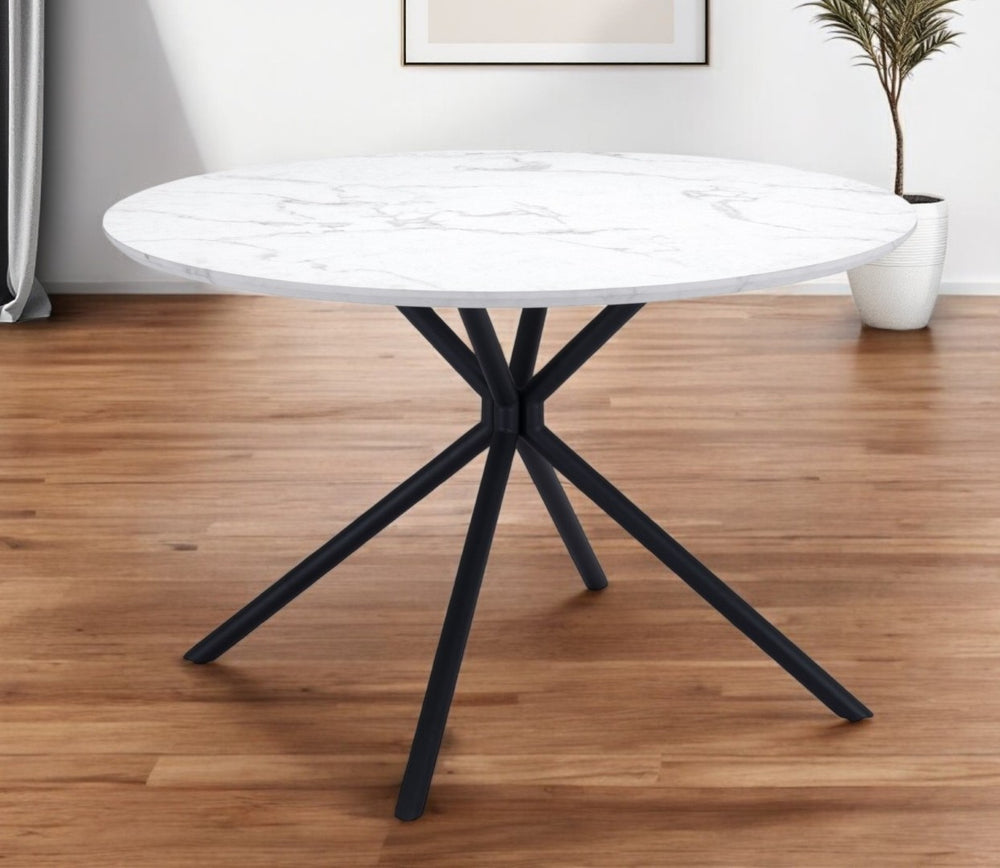 HomeRoots 47" Modern Two-Tone Round Dining Table with Black Steel Base and Marble-Print Top for Small Spaces 394610