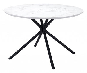 HomeRoots 47" Modern Two-Tone Round Dining Table with Black Steel Base and Marble-Print Top for Small Spaces 394610