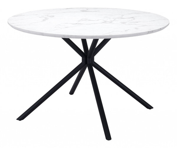 HomeRoots 47" Modern Two-Tone Round Dining Table with Black Steel Base and Marble-Print Top for Small Spaces 394610