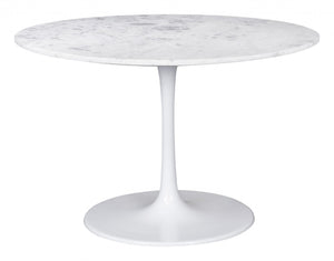 Homeroots 47" White Rounded Marble And Steel Pedestal Base Dining Table   394617