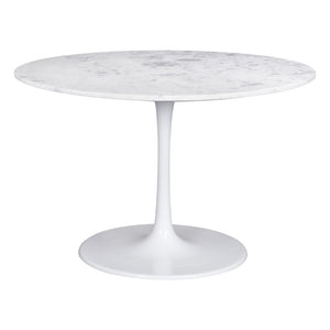 Homeroots 47" White Rounded Marble And Steel Pedestal Base Dining Table   394617