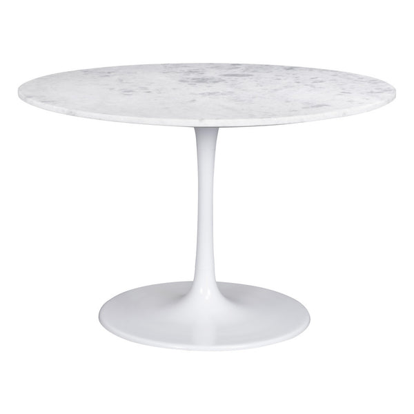 Homeroots 47" White Rounded Marble And Steel Pedestal Base Dining Table   394617