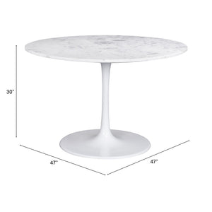 Homeroots 47" White Rounded Marble And Steel Pedestal Base Dining Table   394617