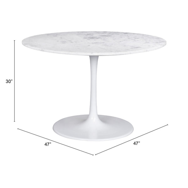 Homeroots 47" White Rounded Marble And Steel Pedestal Base Dining Table   394617