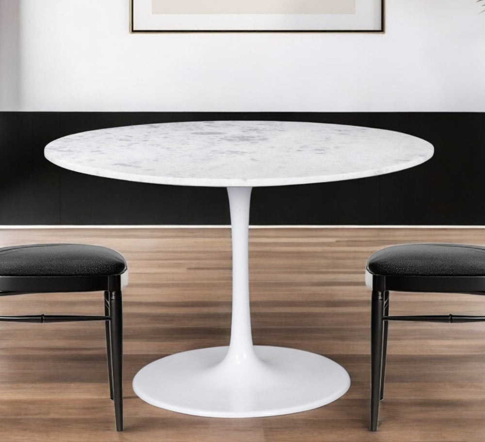 HomeRoots 47" Stylish White Marble & Steel Pedestal Dining Table - Modern Design for 4, Perfect for Gatherings! 394617