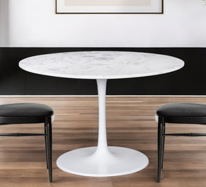 HomeRoots 47" Stylish White Marble & Steel Pedestal Dining Table - Modern Design for 4, Perfect for Gatherings! 394617