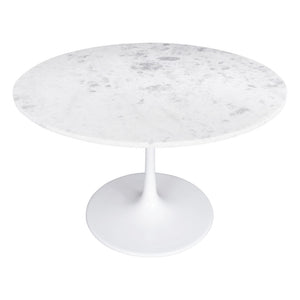 Homeroots 47" White Rounded Marble And Steel Pedestal Base Dining Table   394617
