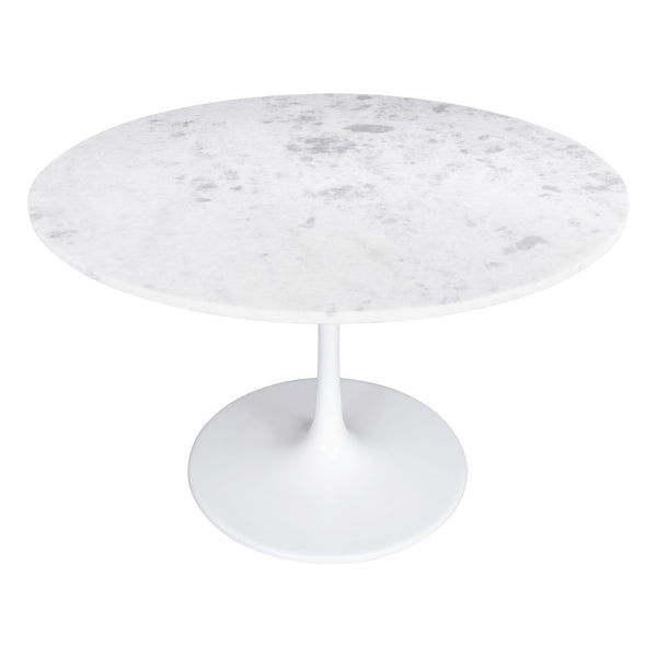 Homeroots 47" White Rounded Marble And Steel Pedestal Base Dining Table   394617