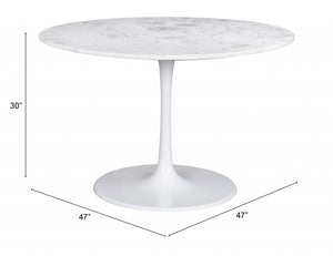Homeroots 47" White Rounded Marble And Steel Pedestal Base Dining Table   394617