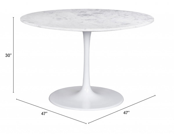 Homeroots 47" White Rounded Marble And Steel Pedestal Base Dining Table   394617