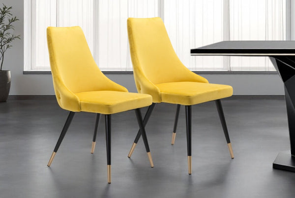 HomeRoots Set of Two Stylish Tufted Velvet Windsor Dining Chairs in Yellow & Black for Chic Spaces 394650